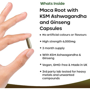 Maca Root Capsules with KSM Ashwagandha and Ginseng - 180 High Strength 6000Mg Maca Root + Ashwagandha KSM-66, Panax Ginseng & Black Pepper - Vegan Capsules Made in the UK