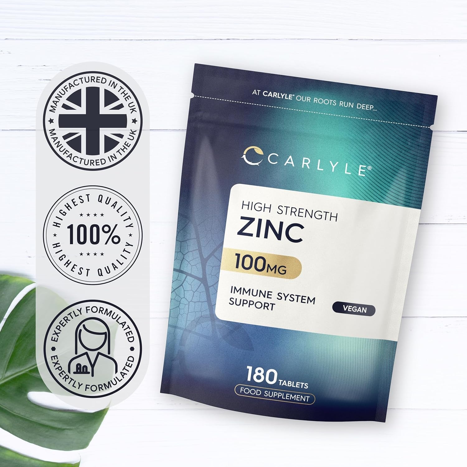 Zinc Tablets 100Mg | Immunity Support Supplement | High Strength Zinc Citrate | 180 Vegan Tablets | Carlyle