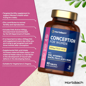 Conception Vitamins for Women | 400Μg Folic Acid for Fertility Support - 3 Months Supply | Multivitamin & Mineral Formula with Vitamin C, Iron, Zinc & More! | 90 Vegan Tablets | by Horbaach
