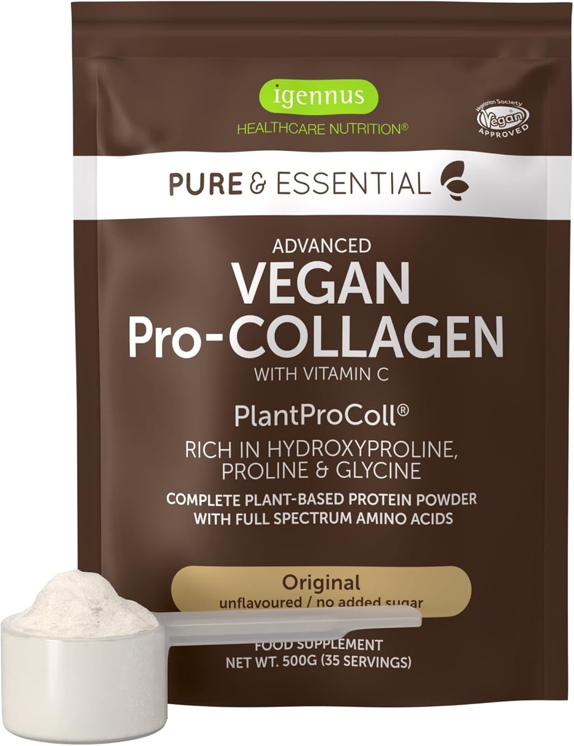 Vegan Pro-Collagen Protein Powder, Plant-Based Peptide Supplement with Glycine, 21 Amino Acids & Vitamin C, Complete Collagen Boosting Formula, Mix into Drinks or Food, 35 Servings, by Igennus