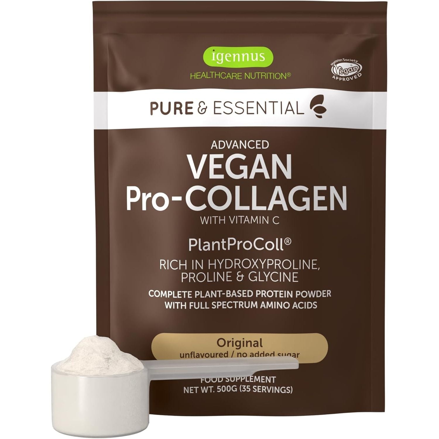 Vegan Pro-Collagen Protein Powder, Plant-Based Peptide Supplement with Glycine, 21 Amino Acids & Vitamin C, Complete Collagen Boosting Formula, Mix into Drinks or Food, 35 Servings, by Igennus