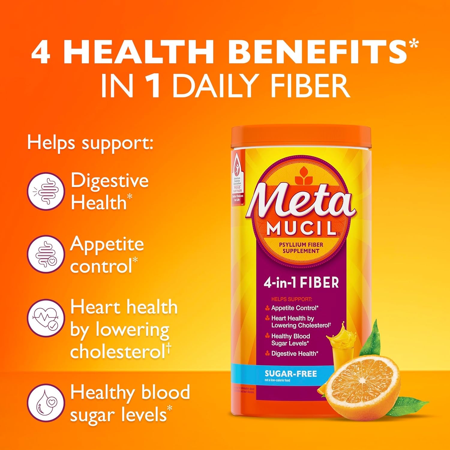 Metamucil Daily Fiber Supplement, Orange Smooth Sugar Free Psyllium Husk Fiber Powder, 114 Doses