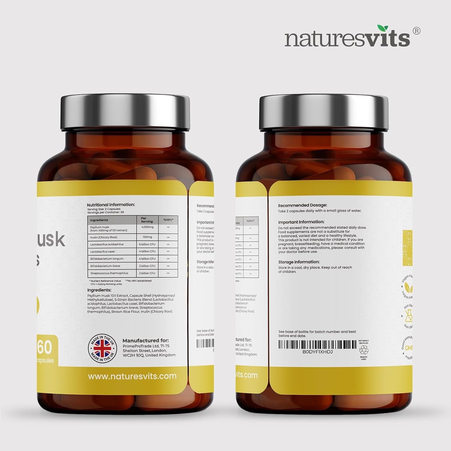 4000Mg Fibre Supplement Psyllium Husk Capsules with Probiotics - 20 Billion CFU with 5 Strains - Soluble Fibre with Added 100Mg Inulin - Gut Health Supplements for Adults - High Fiber Supplement