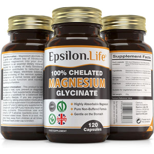 Epsilon Magnesium Glycinate Supplements - Chelated Mg Bisglycinate Supplement - 120 Easy to Take Vegan Capsules - 500Mg Unbuffered Magnesium-Glycinate per Capsule - Uk-Made