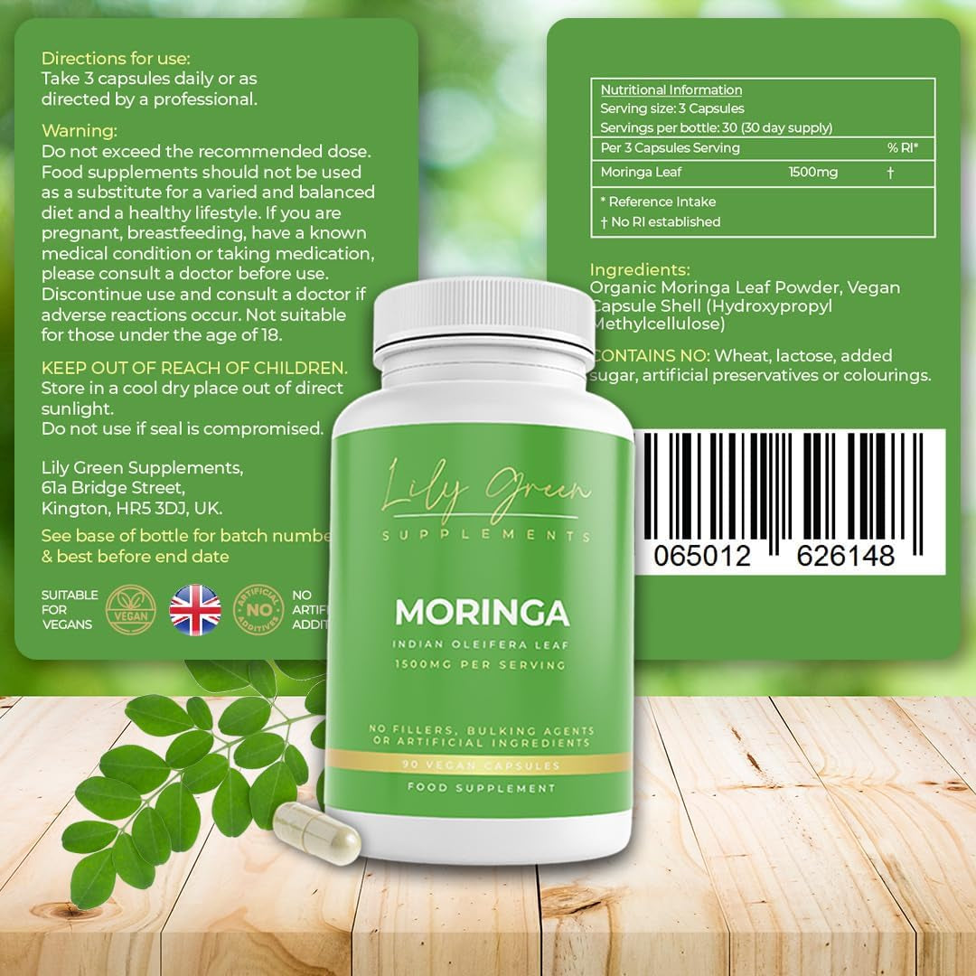 Lily Green Organic Moringa Capsules | 1500Mg per Serving Amino Acid Supplements | Rich in Vitamins, Calcium, Iron, Potassium & Antioxidants | No Artificial Additives | 90 Vegan Capsules | Made in UK