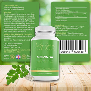 Lily Green Organic Moringa Capsules | 1500Mg per Serving Amino Acid Supplements | Rich in Vitamins, Calcium, Iron, Potassium & Antioxidants | No Artificial Additives | 90 Vegan Capsules | Made in UK