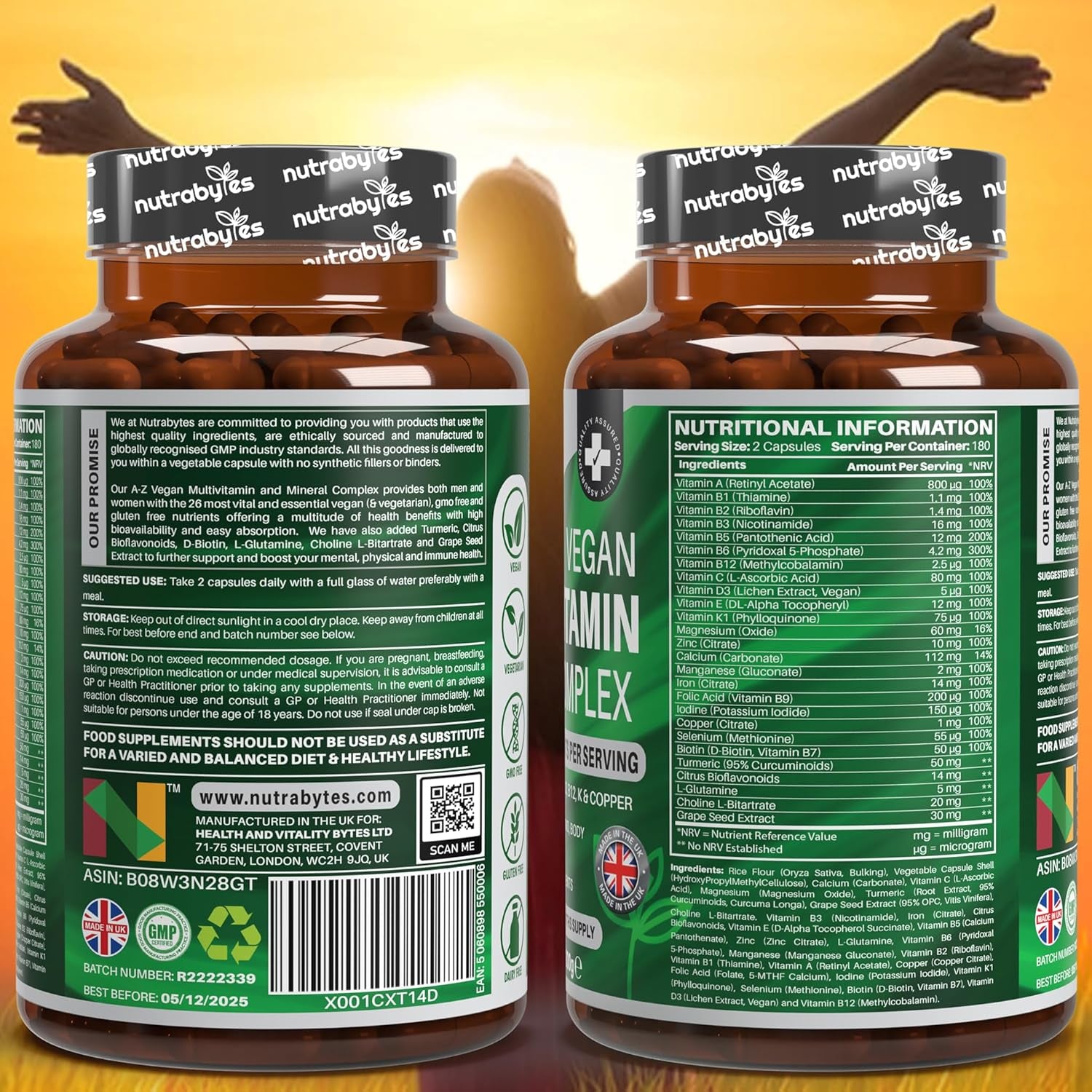 Nutrabytes Vegan A-Z Multivitamin & Mineral Complex Supplement, 360 Capsules | 26 Essential Vitamins & Minerals for Energy, Immune System, Hair, Skin, Bone, Muscle, Brain & Gut Support | for 6 Months