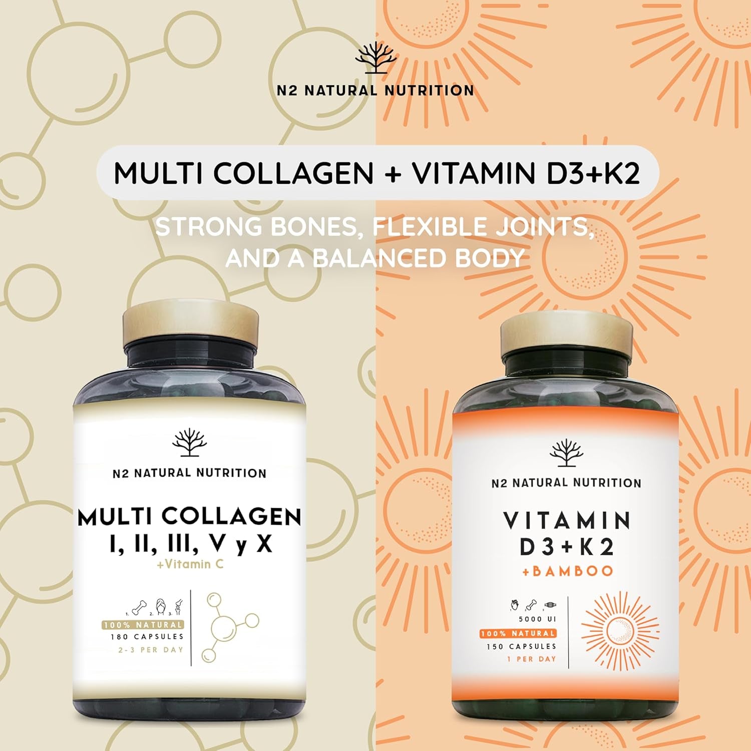 Multi Collagen 1650Mg Type I, II, III, V, X. Bovine, Marine Collagen Peptides 180 Capsules Enhanced with Vitamin C, for Joint Care, Skincare & Hair High Strength Collagen N2 Natural Nutrition