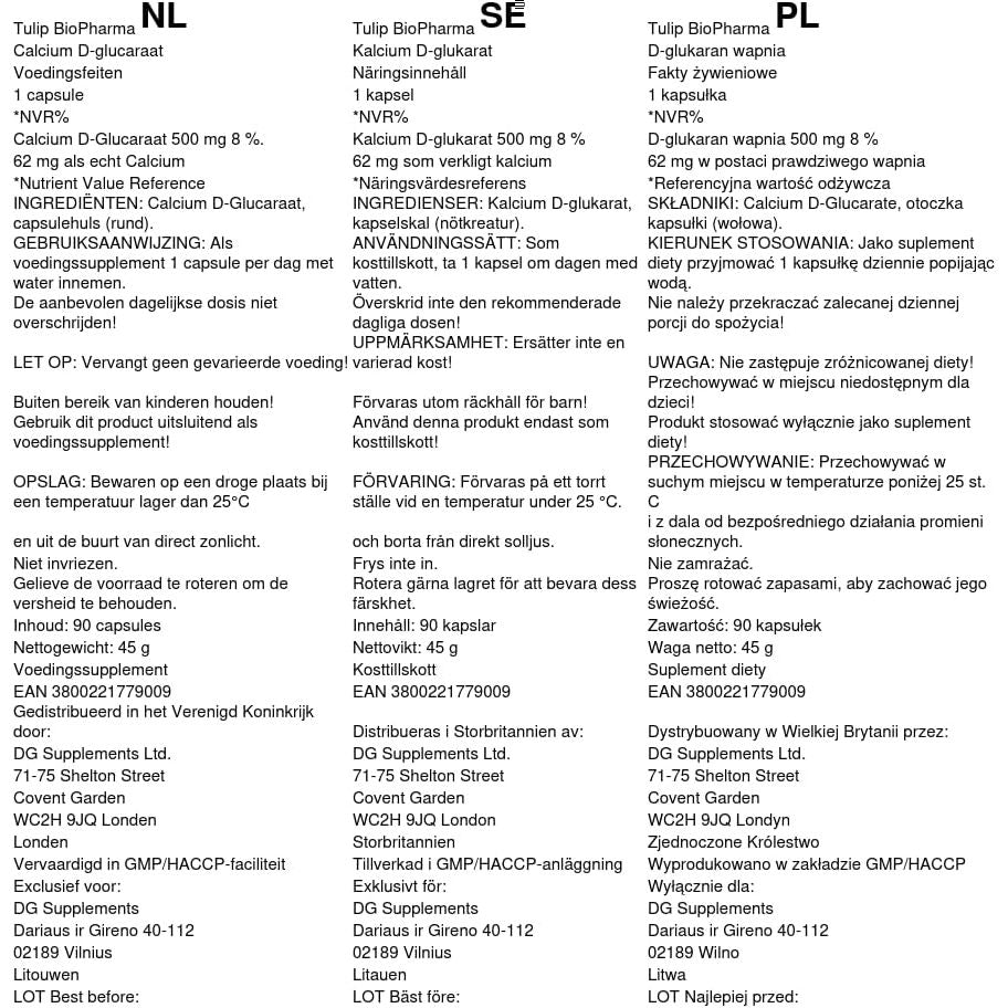 Tulip Biopharma Calcium D-Glucarate 500Mg 90 Capsules, 3Rd Party Lab Tested, High Strength Supplement, No Fillers or Bulkers, Gluten and GMO Free