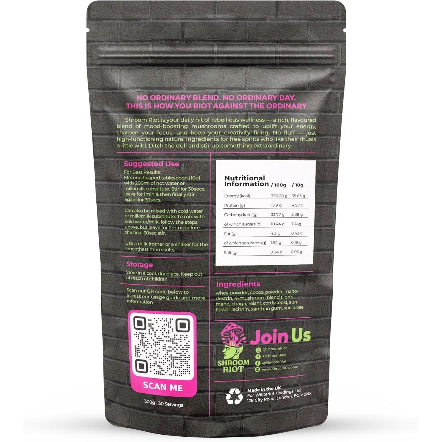 Shroom Riot Cocoa Mushroom Superblend | Instant Chocolate Powder Drink with Lion’S Mane, Chaga, Reishi & Cordyceps | 300G | 30 Servings