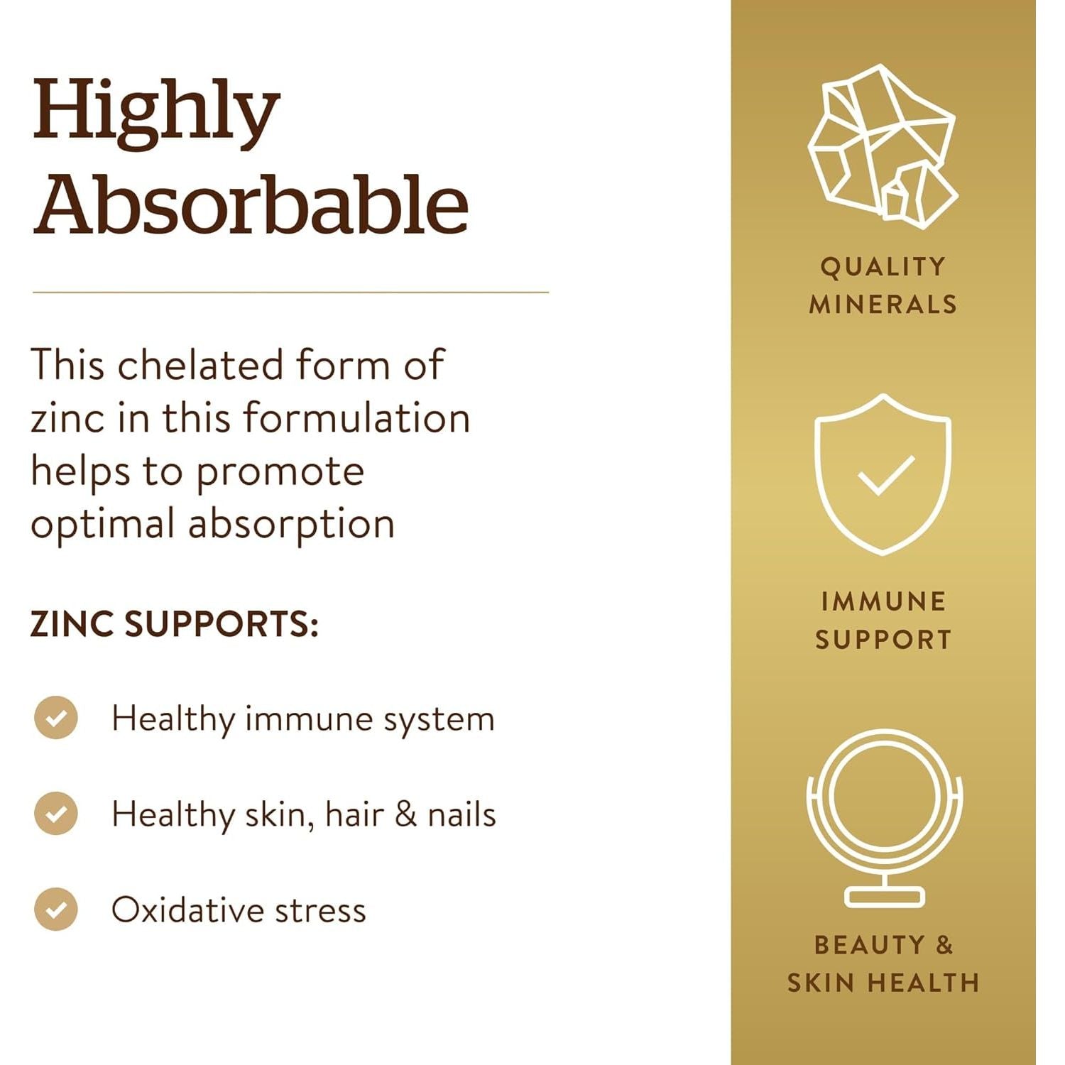 Solgar Chelated Zinc Tablets - Pack of 100 - Healthy Skin, Hair and Nails - Potent Antioxidant - Vegan