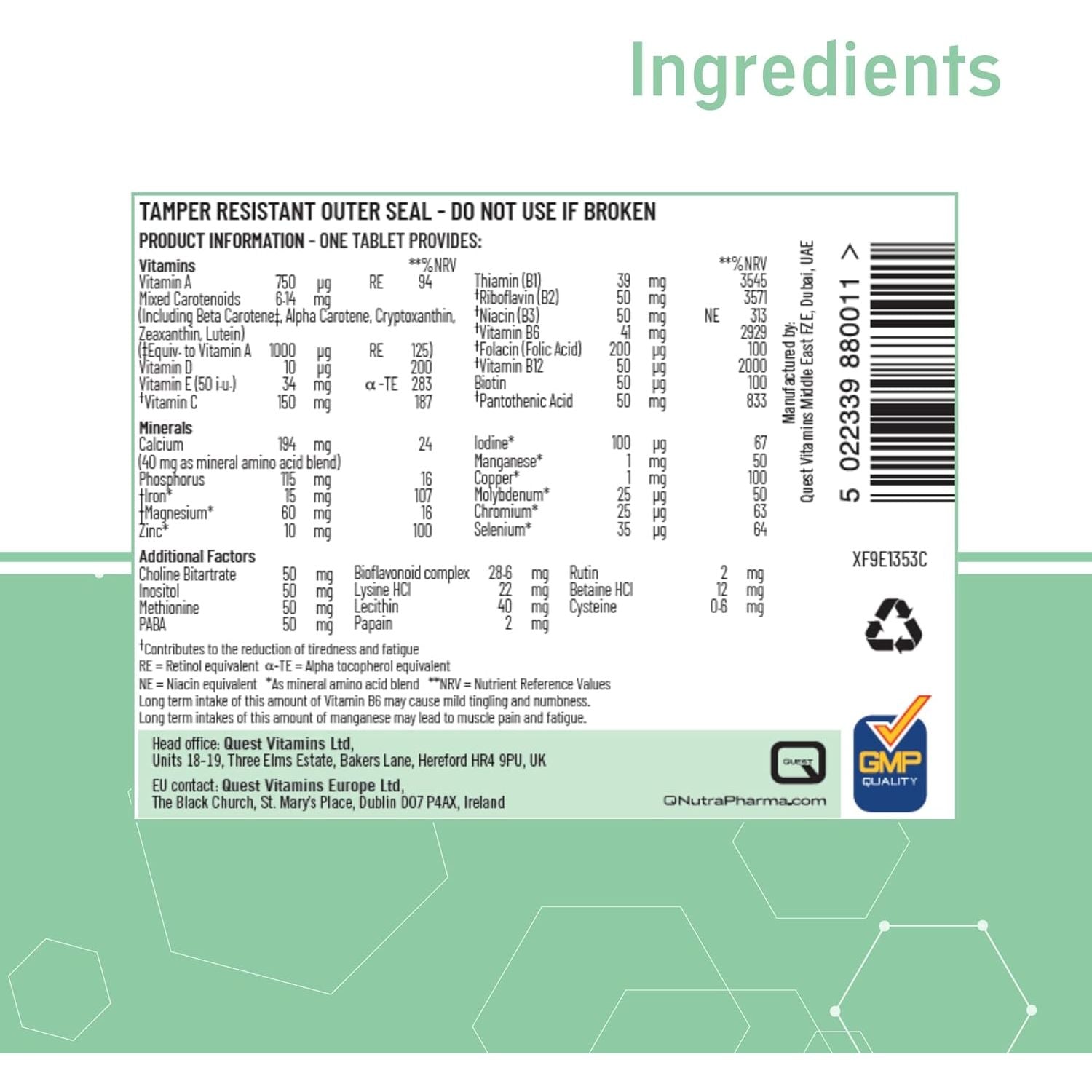 Quest Super Once a Day Multivitamin & Minerals Tablets. 17 Vitamins & 12 Minerals with Vitamin A, B, C, D, Iron & Zinc for Men & Women. for Optimal Health, Reduces Fatigue & Immunity (120 Tablets)