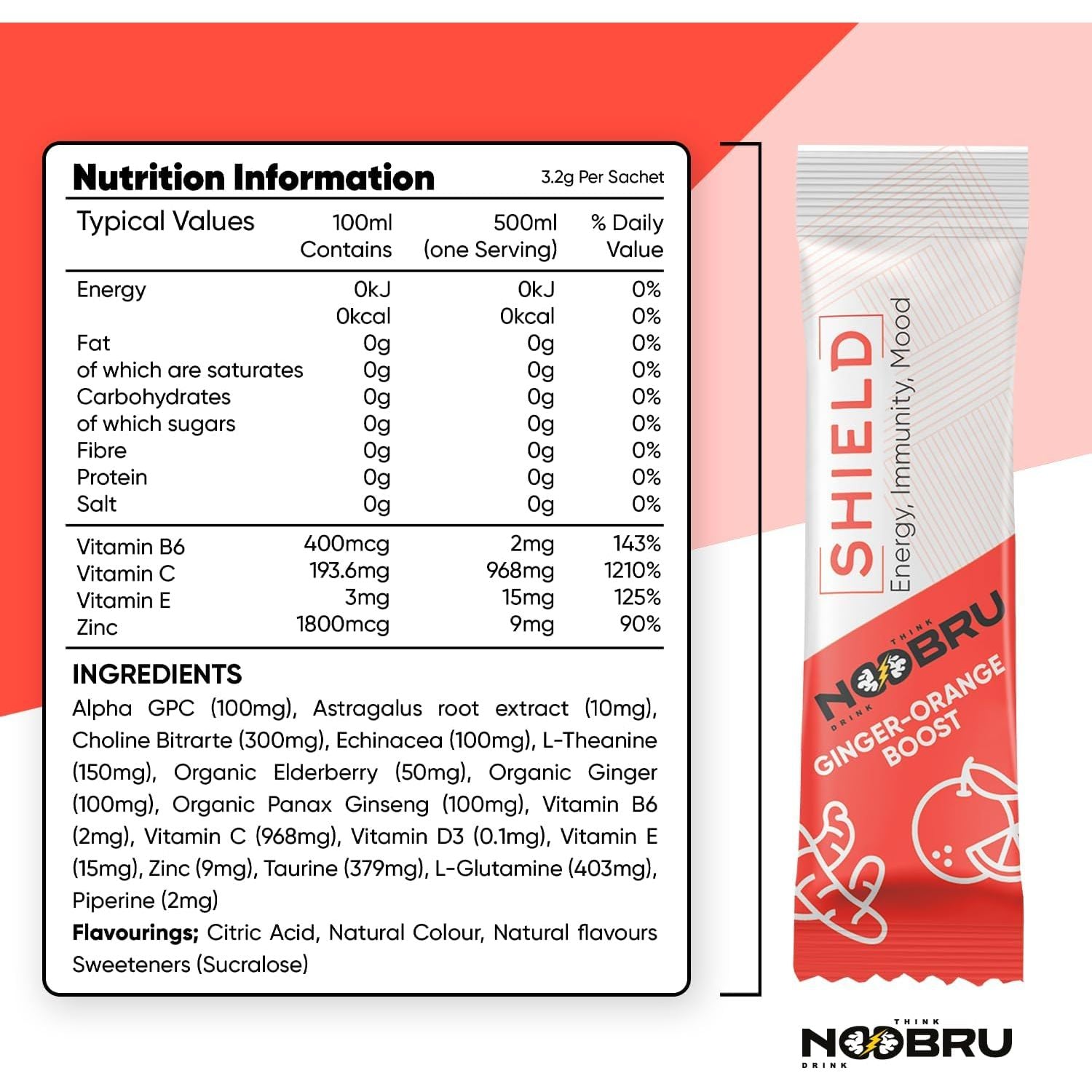 Noobru Shield with Vitamin C Powder and Ginger - Immune System Booster for Perfect Health Condition - Vitamins Blend for Your Body - Nootropic Food Supplements for Sharp Concentration and Quick Mind