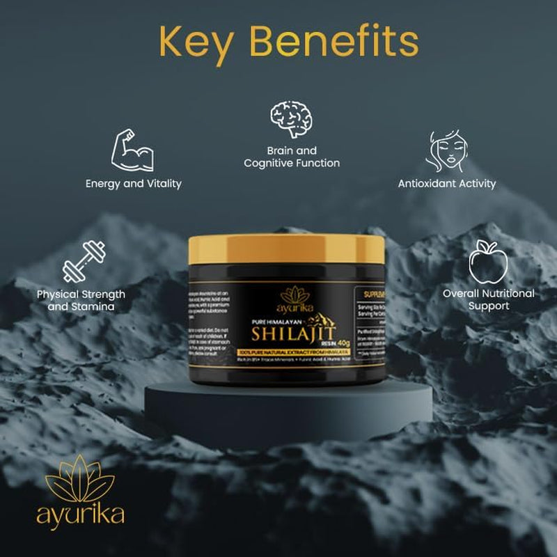 Shilajit Resin - 40G Jar with Spoon - Shilajit Resin Himalayan Supplement - Gold Grade - over 60% Fulvic Acid, Humic Acid & 85 Trace Minerals - 3Rd Party Lab Tested