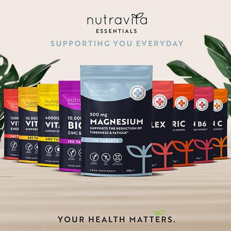 Magnesium Supplements 500Mg - 120 Vegan High Strength Tablets – 4 Month Supply – Supports Muscle Function, Tiredness, Energy, Bones, Nervous System - Letterbox Friendly - UK Made - Nutravita