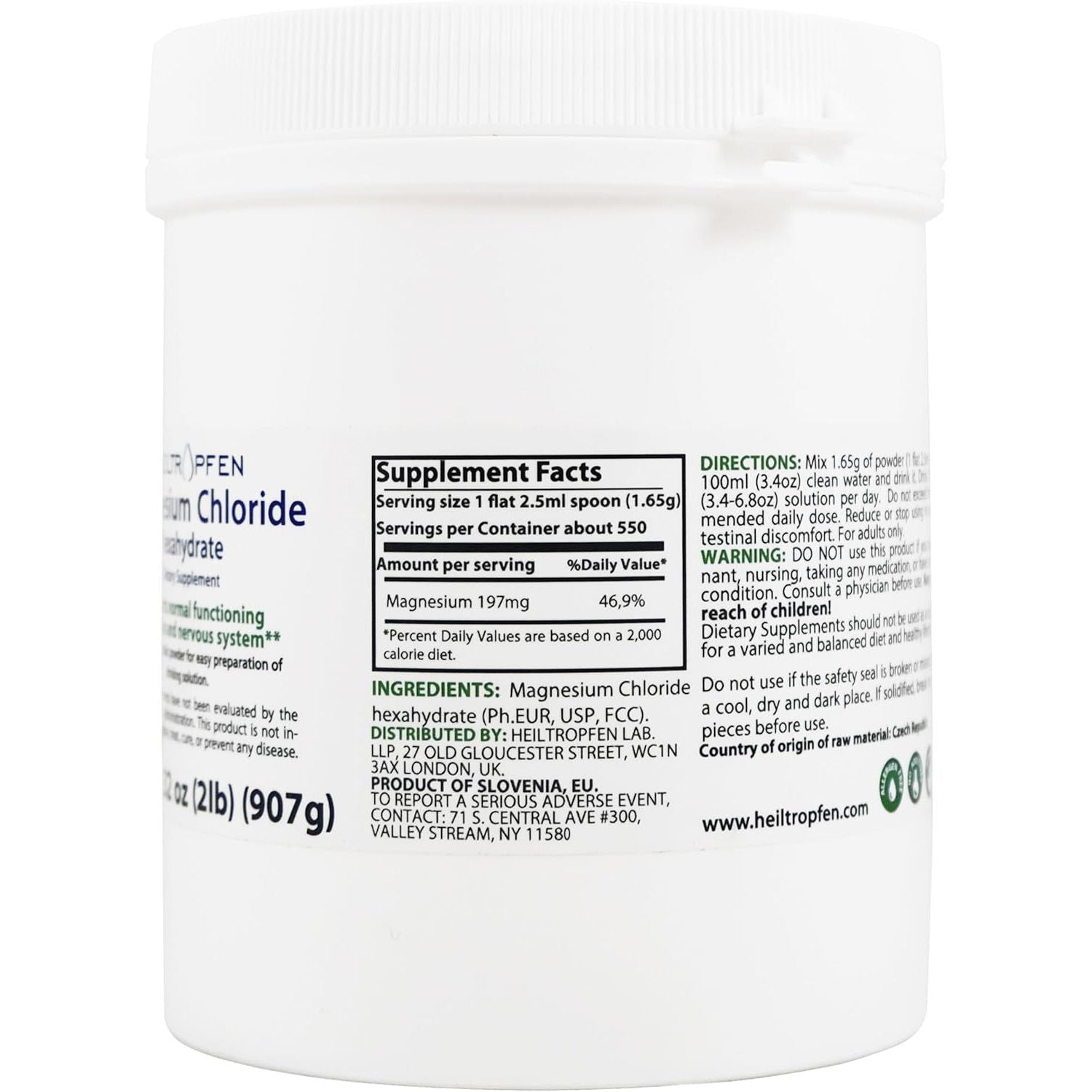2 Pounds / 907 G Magnesium Chloride Powder | Hexahydrate | Pharmaceutical Grade Ingredients | Crystal Powder | Pure Ph. EUR., BP, USP, 100% - Muscle Pain Relief | Heiltropfen®