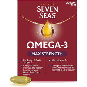 Seven Seas Omega-3 Fish Oil, Max Strength with Omega 3 and Vitamin D for Brain² and Body, 30 Capsules