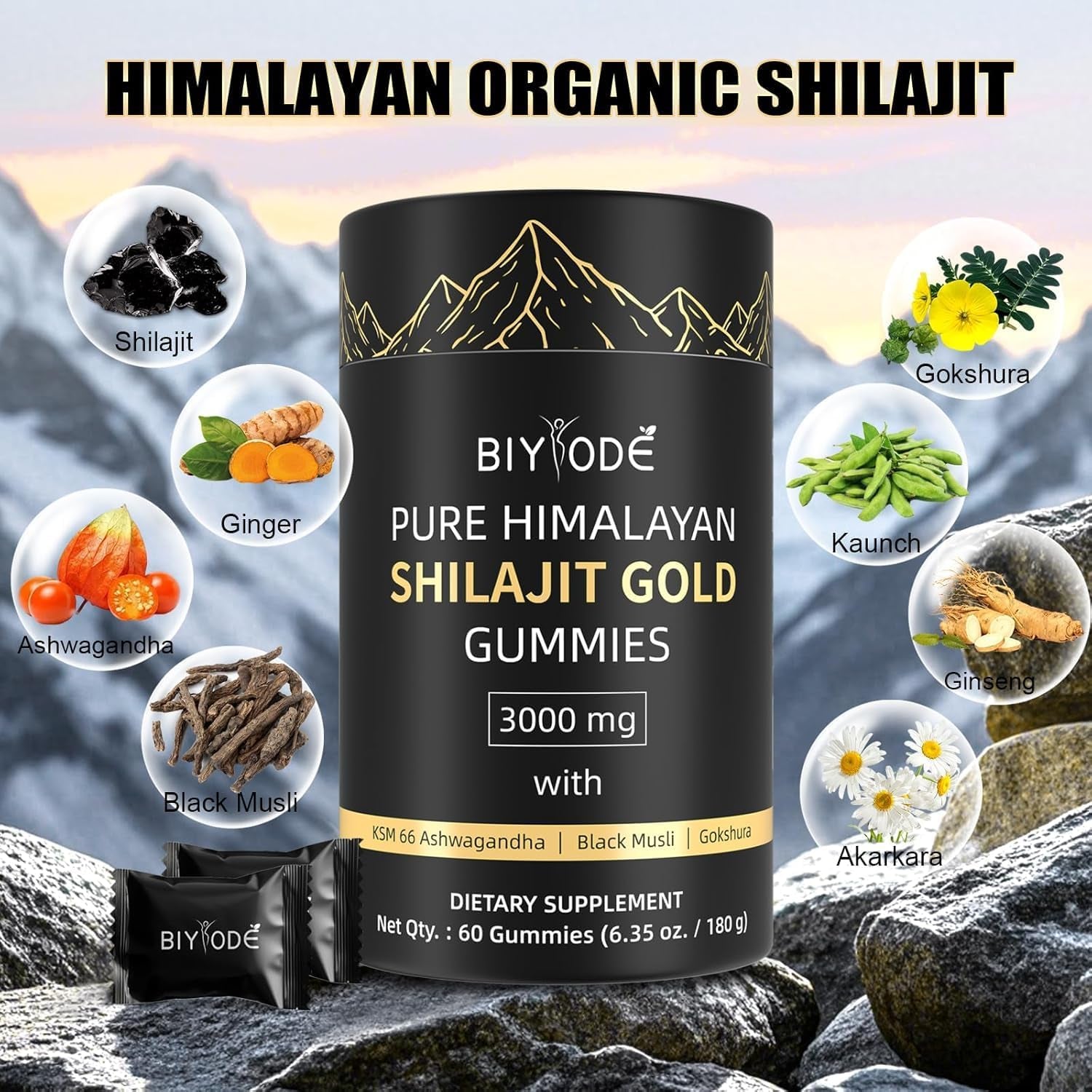 Shilajit Gummies - Pure Himalayan Shilajit Gummies Gold, Fulvic Acid & 85+ Trace Minerals I - Vegan, Non-Gmo,Individually Wrapped for Travel - 60 Gummies