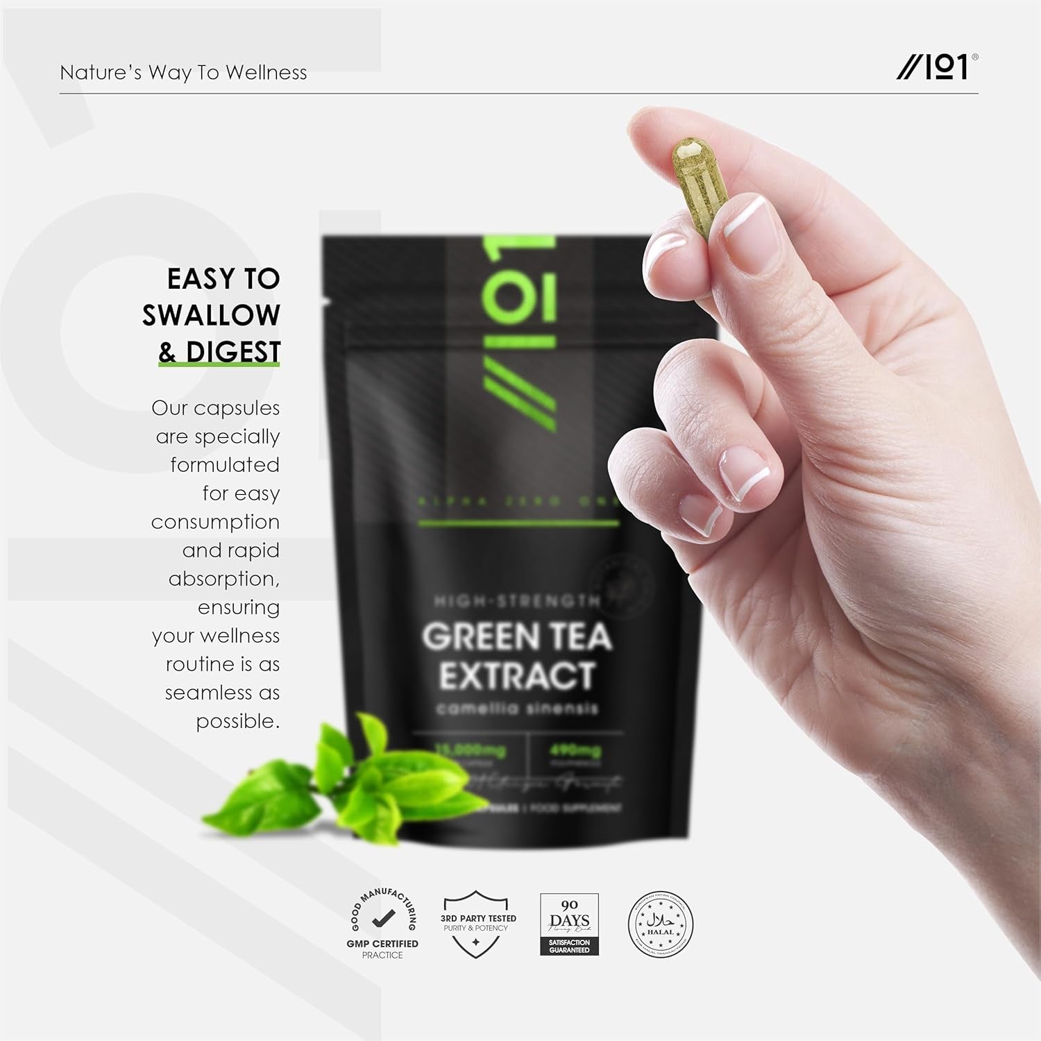 Green Tea Extract 15,000Mg - 95% Polyphenols (490Mg per Capsule) - 90 Vegan Capsules (3 Months Supply) - Resealable and Recyclable Pouch - by Alpha01