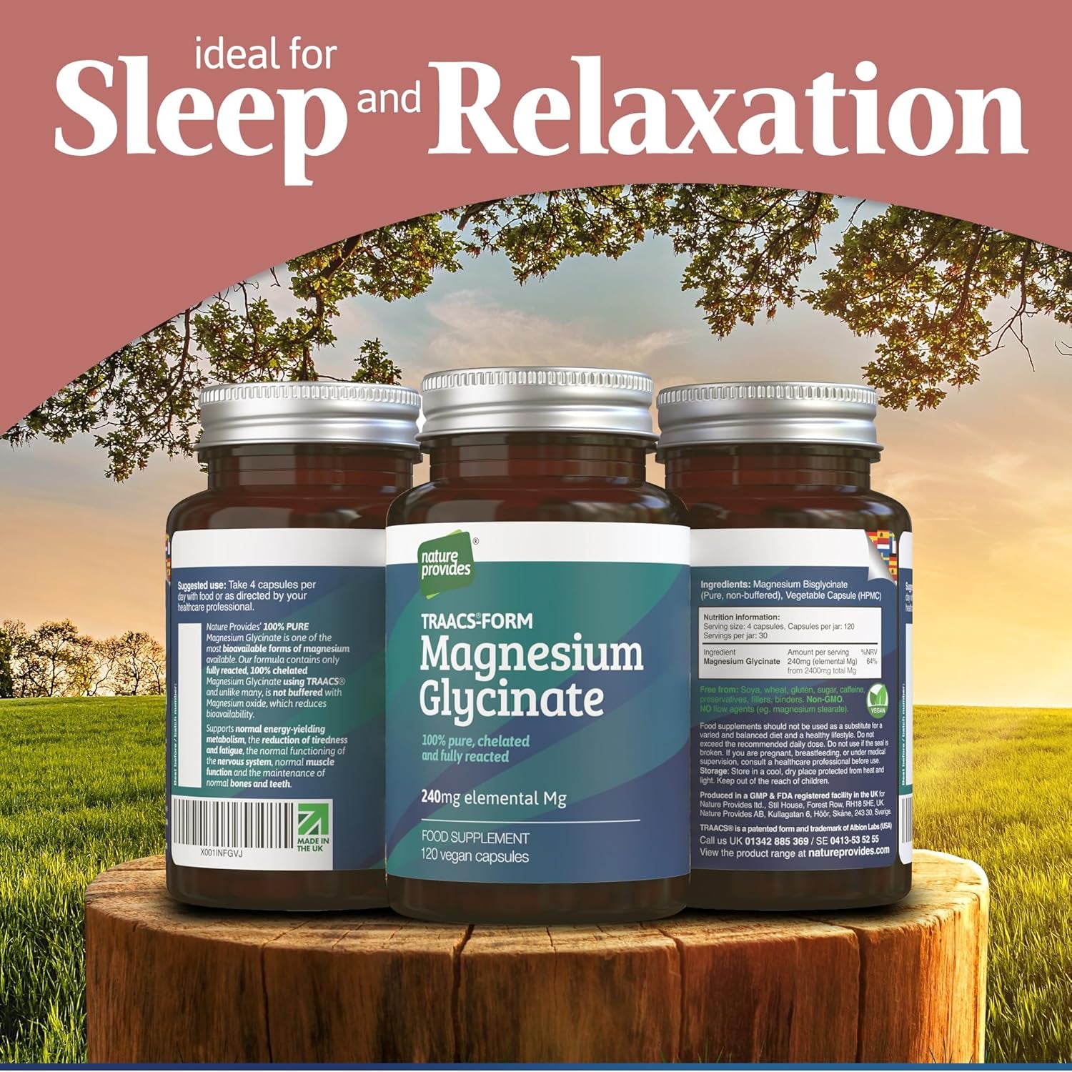 Magnesium Glycinate TRAACS (Bisglycinate) 240Mg - 120 Vegan Capsules, 100% Pure, No Fillers/Buffers, Chelated, Highly Bioavailable, Muscle & Sleep Support, Stress Relief, UK Made by Nature Provides