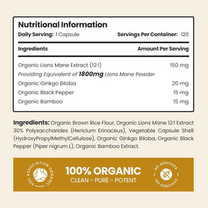 Vitabright Lions Mane Supplement Capsules | Mushroom Complex | 3600 Mg per 2 Capsules | 4 Month Supply | Organic Lions Mane Powder & Gingko Biloba | High Strength Lionsmane Supplement | Made in UK