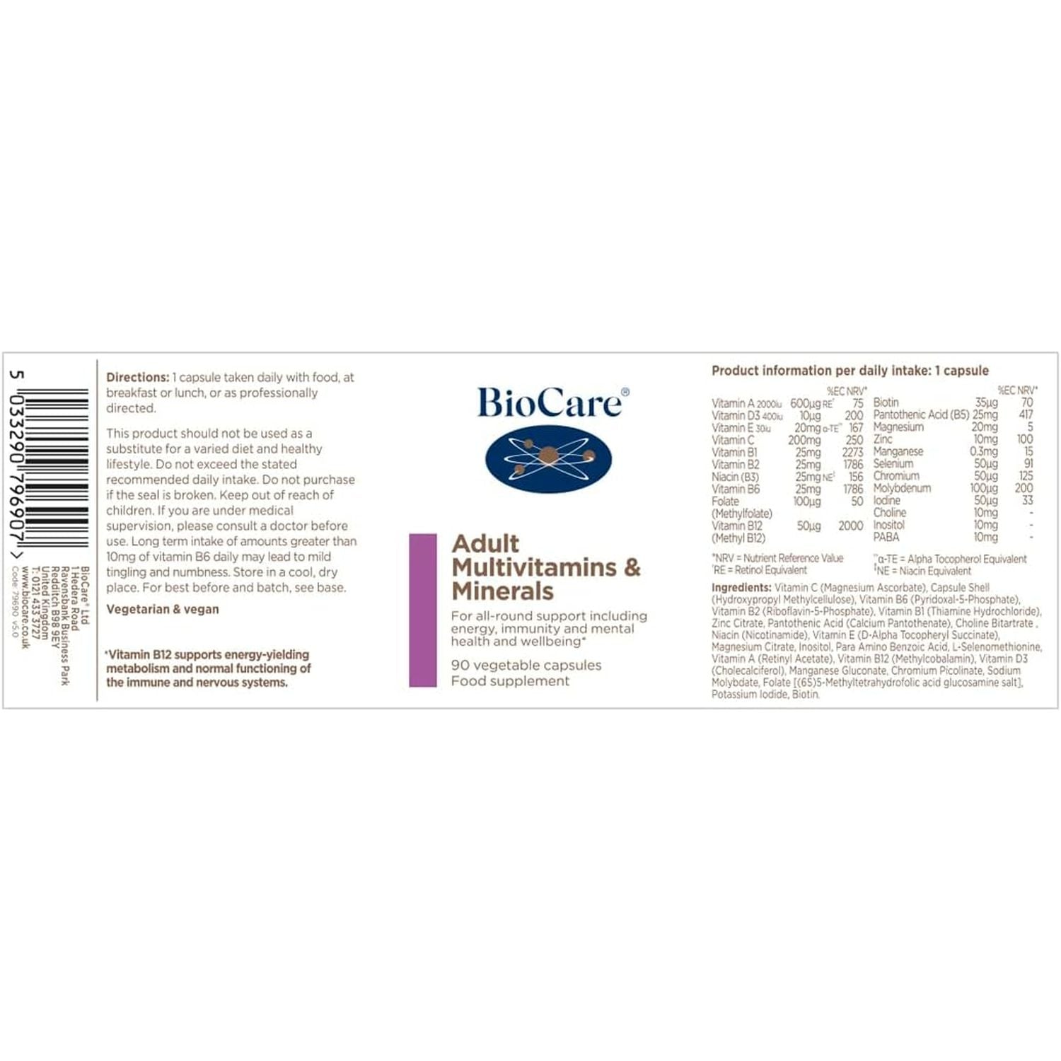 Biocare - Adult Multivitamins & Minerals - for All-Round Support Including Energy, Immunity and Mental Health and Wellbeing - 90 Capsules
