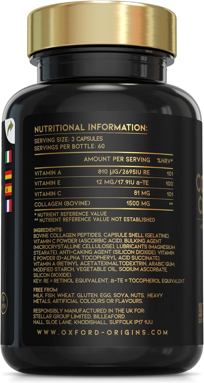Advanced Collagen Complex | Made in the UK | Hydrolysed Collagen Supplements for Women & Men Enhanced with High Absorption Hair Skin and Nails Vitamins A, C & E | 180 Capsules