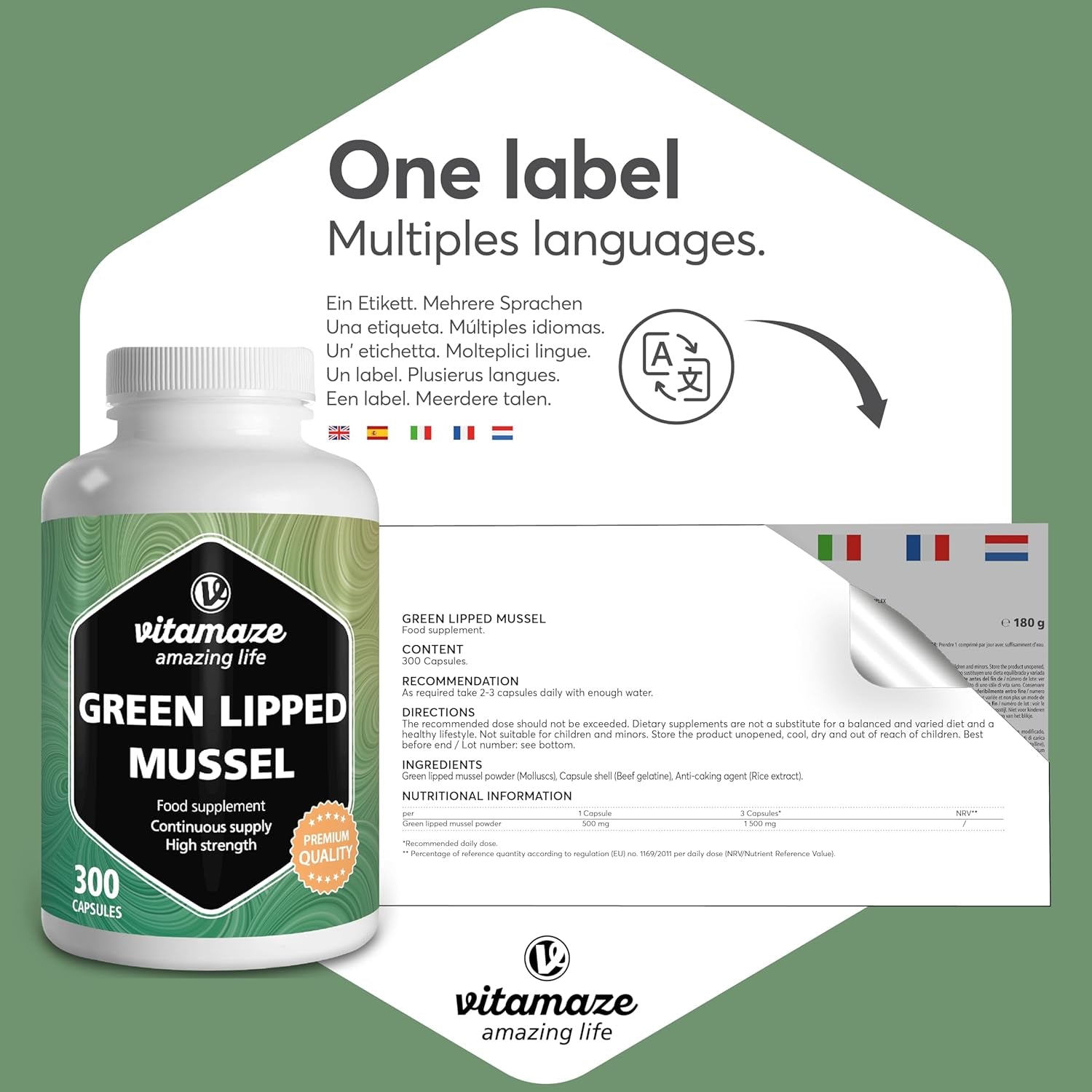 Green Lipped Mussel 1500Mg- Omega 3 & Glycosaminoglycanes- 300 Capsules Pure New Zealand Green Lipped Mussel Powder - Supplement for Cartilage and Joints - German Quality