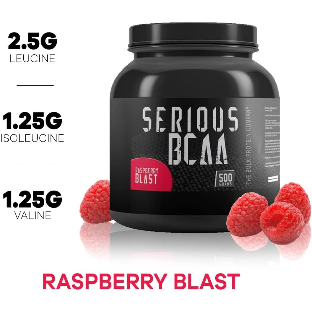 Serious BCAA Powder 500G, 100 Servings Pre Workout - Helps Build Muscle - the Bulk Protein Company (Raspberry Blast)