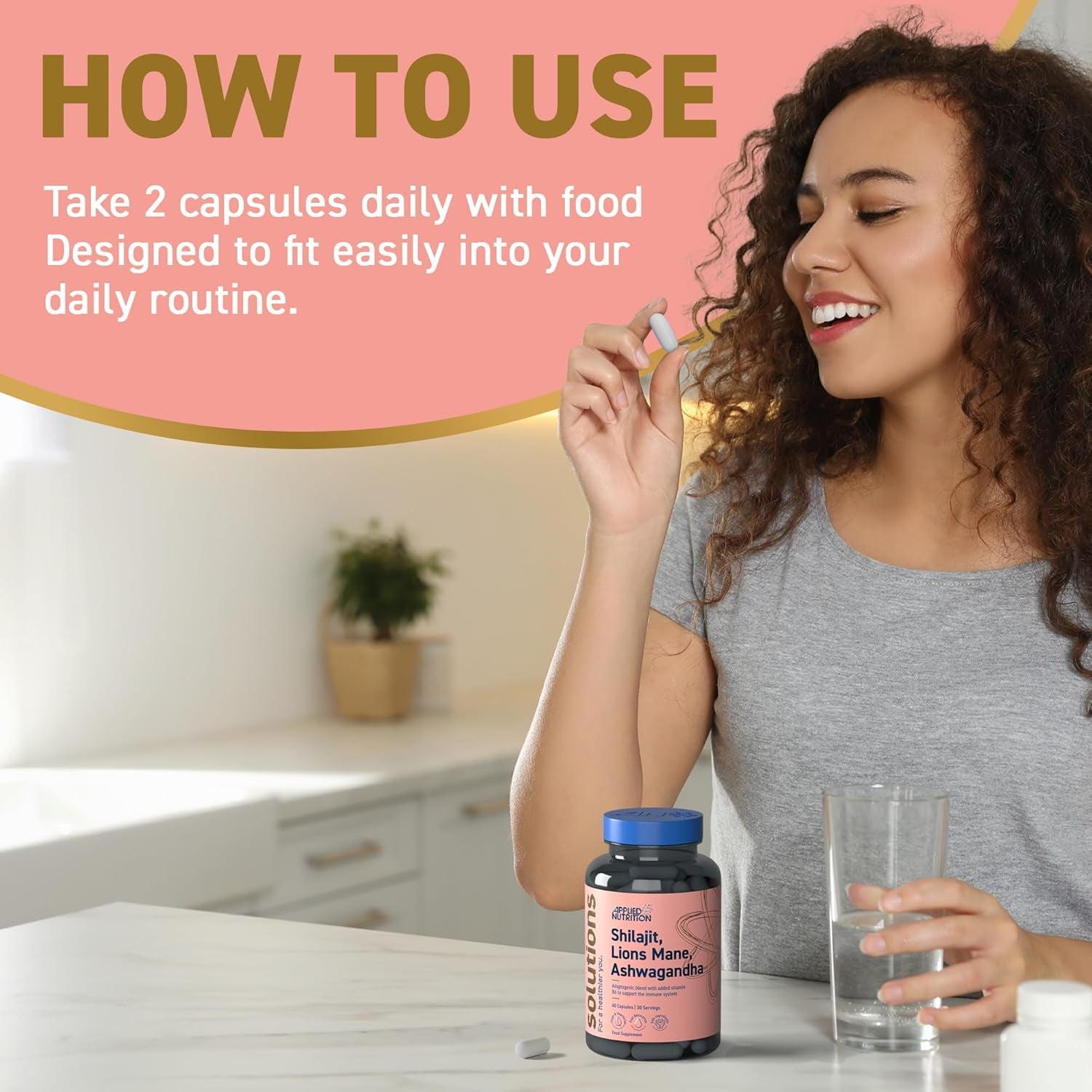 Applied Nutrition - Solutions - Shilajit, Lion’S Mane & Ashwagandha - High Strength Nootropic & Adaptogen Blend - Mental Clarity, Stress & Energy Support - 60 Capsules - 30 Servings