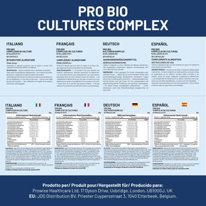 Bio Cultures Complex Probiotics and Prebiotics - 50 Billion CFU - 10 Live Bacteria Strains – Added with Inulin, L-Glutamine & Vitamin C - 60 Capsules | Advanced Probiotic for Women & Men by Prowise