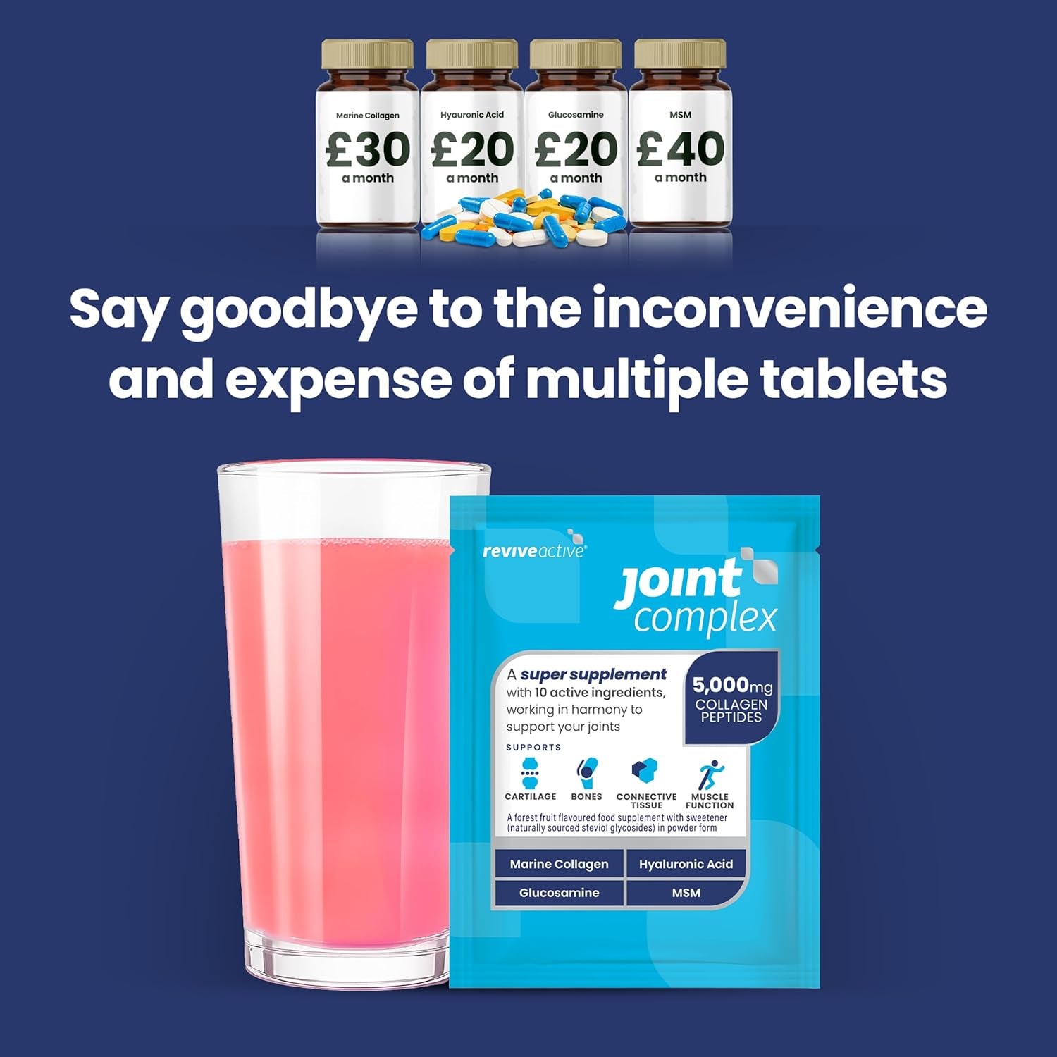 Joint Complex by Revive Active - a Daily Sachet - Contributes to the Support of Joints, Cartilage, Bones & Muscle Function with Marine Collagen, Hyaluronic Acid, Glucosamine - 30 Days Supply