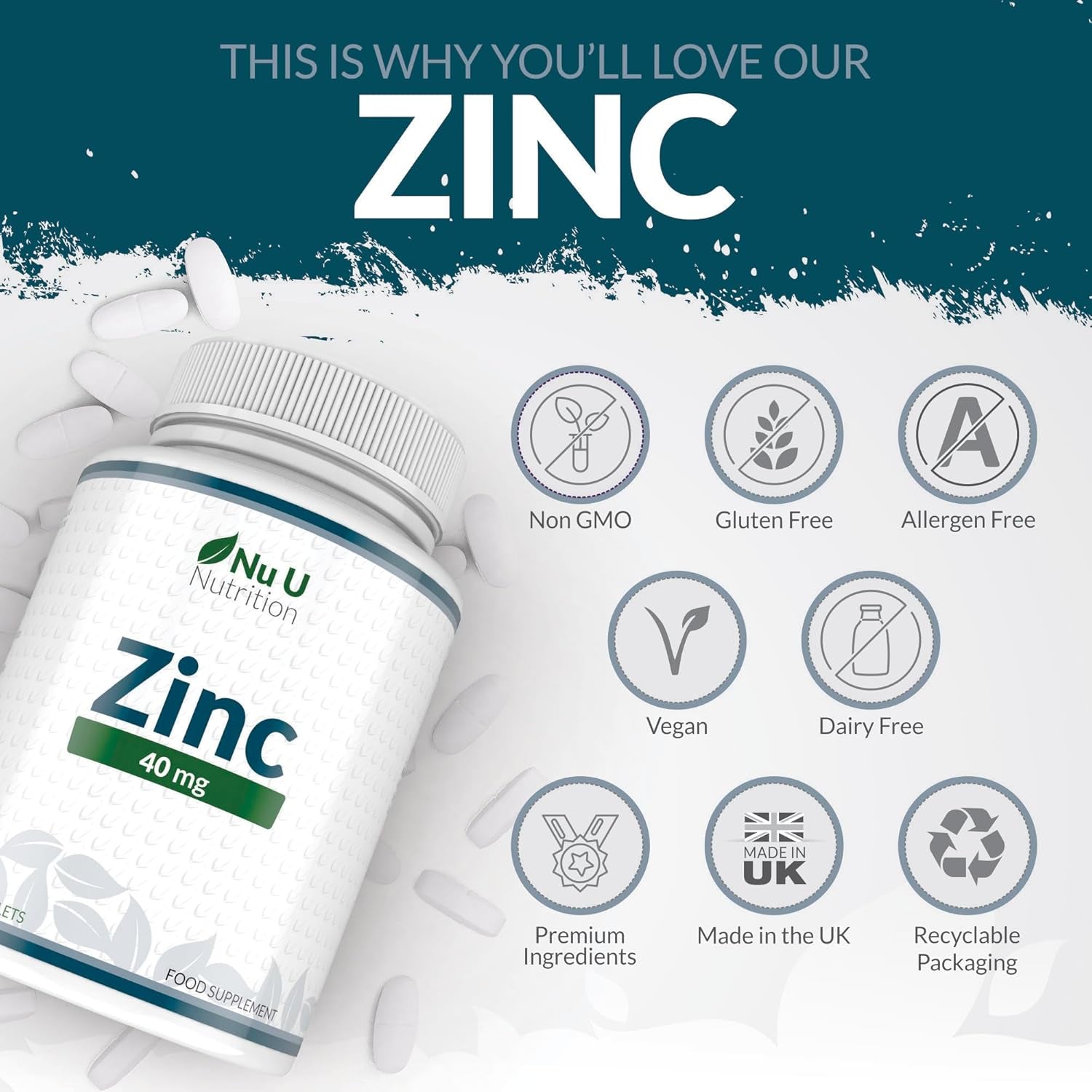Zinc Tablets 40Mg - 365 Vegan Tablets - 1 Year Supply - 1 a Day - Easy to Swallow Zink Gluconate - Supplement for Men & Women - Made in the UK - Nu U Nutrition