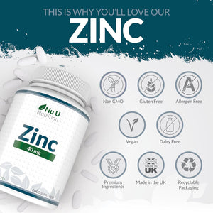 Zinc Tablets 40Mg - 365 Vegan Tablets - 1 Year Supply - 1 a Day - Easy to Swallow Zink Gluconate - Supplement for Men & Women - Made in the UK - Nu U Nutrition
