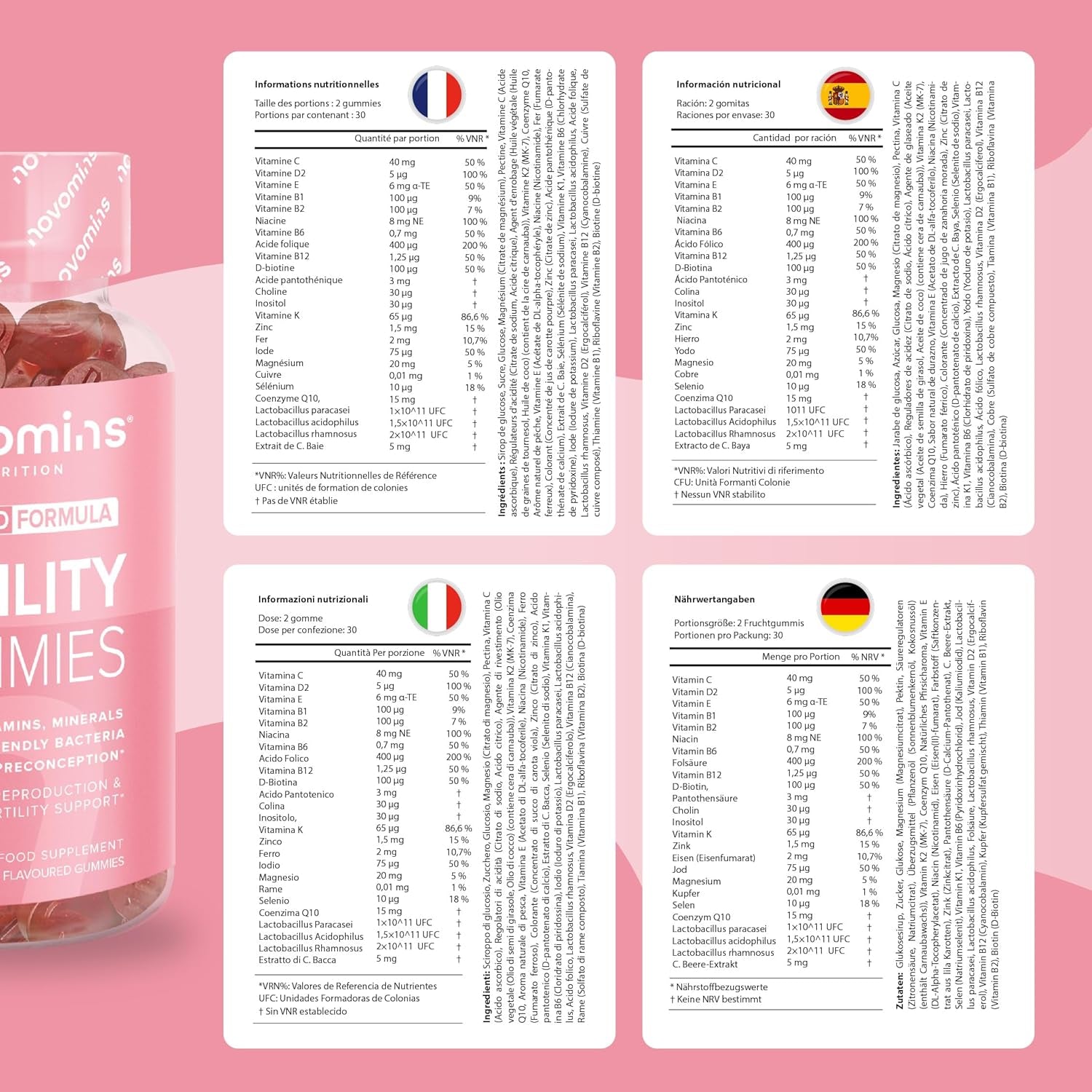 Fertility Supplements for Women - 400Ug Folic Acid, Inositol, Vitamin D, C, E, Coq10-25 Prenatal Vitamins - Vegan & Gluten Free Conception Vitamins for Women - 60 Fertility Gummies - Novomins