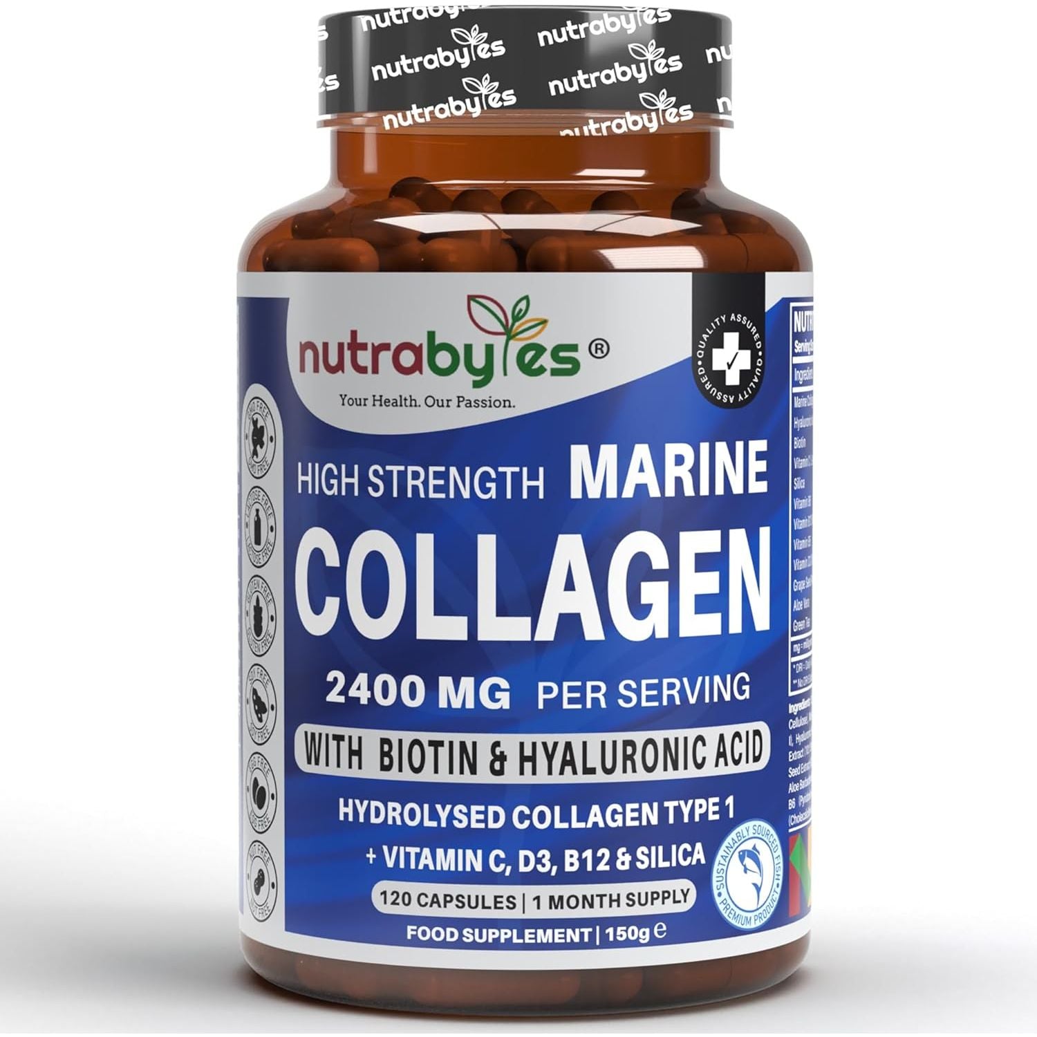 High Strength Marine Collagen 2400Mg with Hyaluronic Acid 100Mg, Biotin, Vitamin C, D3, B12 and Silica - 120 Capsules - High Strength Hydrolysed Marine Collagen for Men and Women, Made in UK