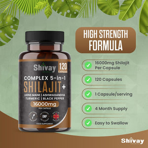 Shilajit 16000Mg Complex 5 in 1 with Ashwagandha + Lions Mane | 120 Vegan Capsules - 4 Month Supply | High Strength Pure Himalayan Shilajit | Rich in Fulvic Acid | Made in UK by Shivay Herbals