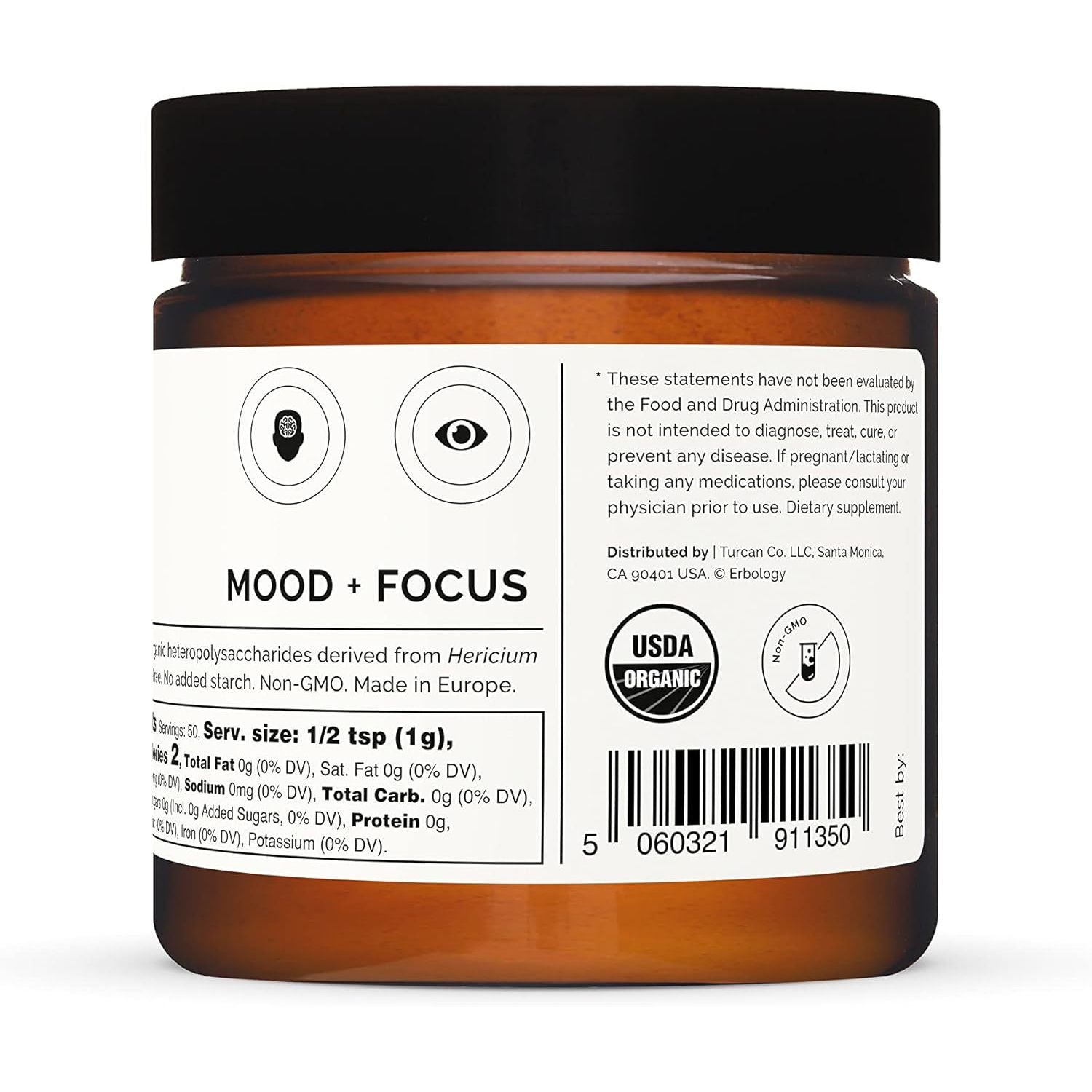 Erbology Organic Lion'S Mane Mushroom Powder 50 Servings - 32% Beta-Glucans - Calm and Focus - Hericium Erinaceus - Small Batch - Sustainably Grown in Europe - Vegan - Non-Gmo - No Added Fillers