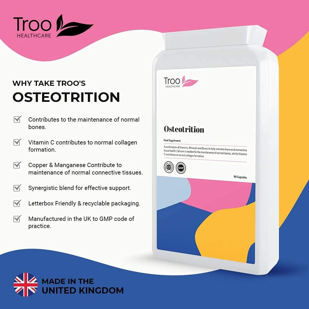 Troo Health Care Osteotrition Bone Support Supplement 90 Capsules - Helps Maintain Bone Density and Connective Tissues – Includes Calcium, Magnesium, Vitamin K2, Vitamin D3, and More - UK Made