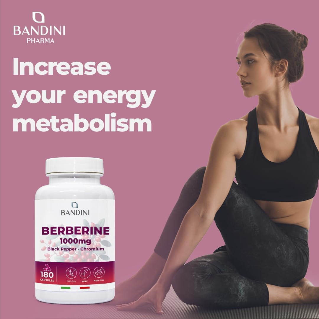 Bandini® Berberine 1000Mg Pure High Dosage | 180 Vegan Capsules - Pure Berberin HCL from Berberis Aristata 97% + Chromium and Black Pepper | Maximum Absorption - Digestive, Liver, Intestinal Function