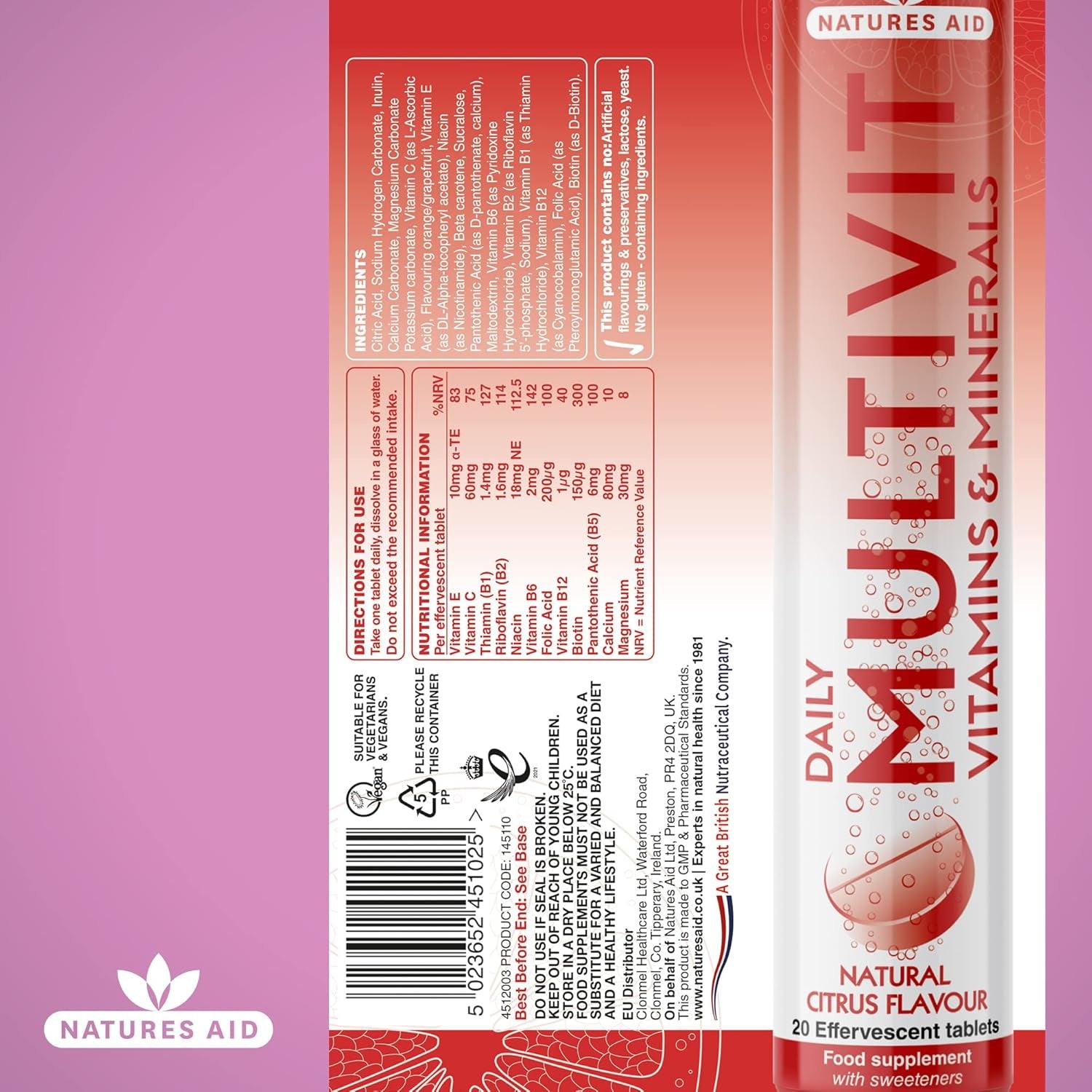 Natures Aid Daily Multivitamin Effervescent 20 Tablets - Supports Energy and Immune Health - High Strength Fizzy Supplement - Vegan, Gluten Free, Non-Gmo - Natural Citrus Multi-Vitamin - 20 Tablets