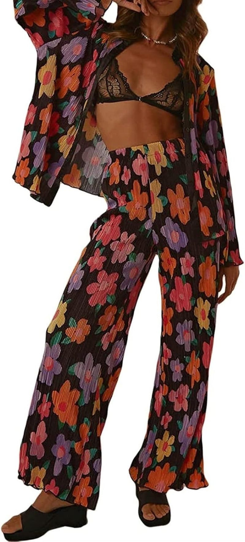 HYMCX Women 2 Piece Pleated Pants Set Floral Print Button down Long Sleeve Shirt Blouses Tops Wide Leg Pants Streetwear