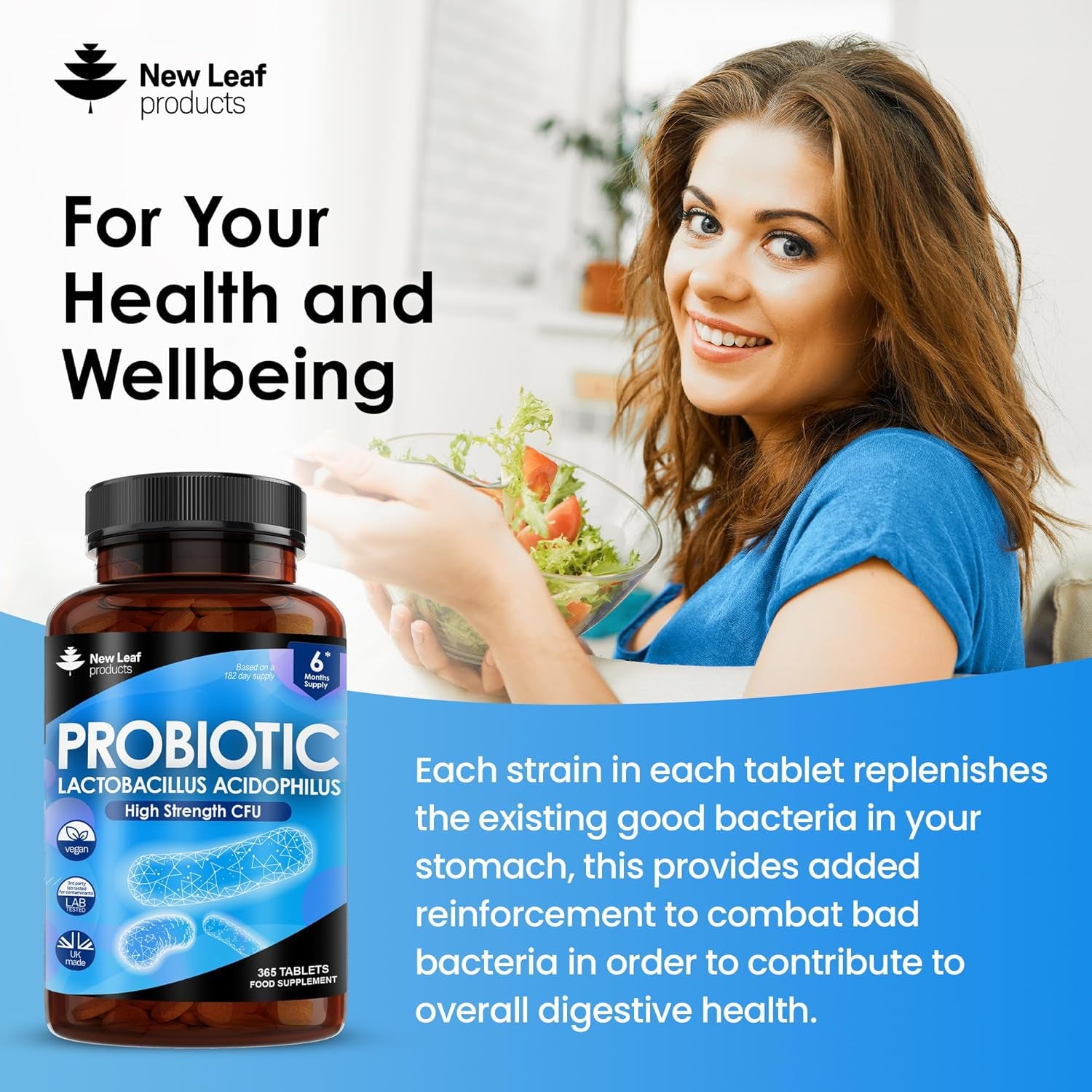 Lactobacillus Acidophilus Supplements 365 Tablets High Strength - Digestive & Gut Health Supplements Lactobacillus Live Cultures for Gut Health - Vegan, Gmo-Free, Gluten-Free, GMP, UK Made