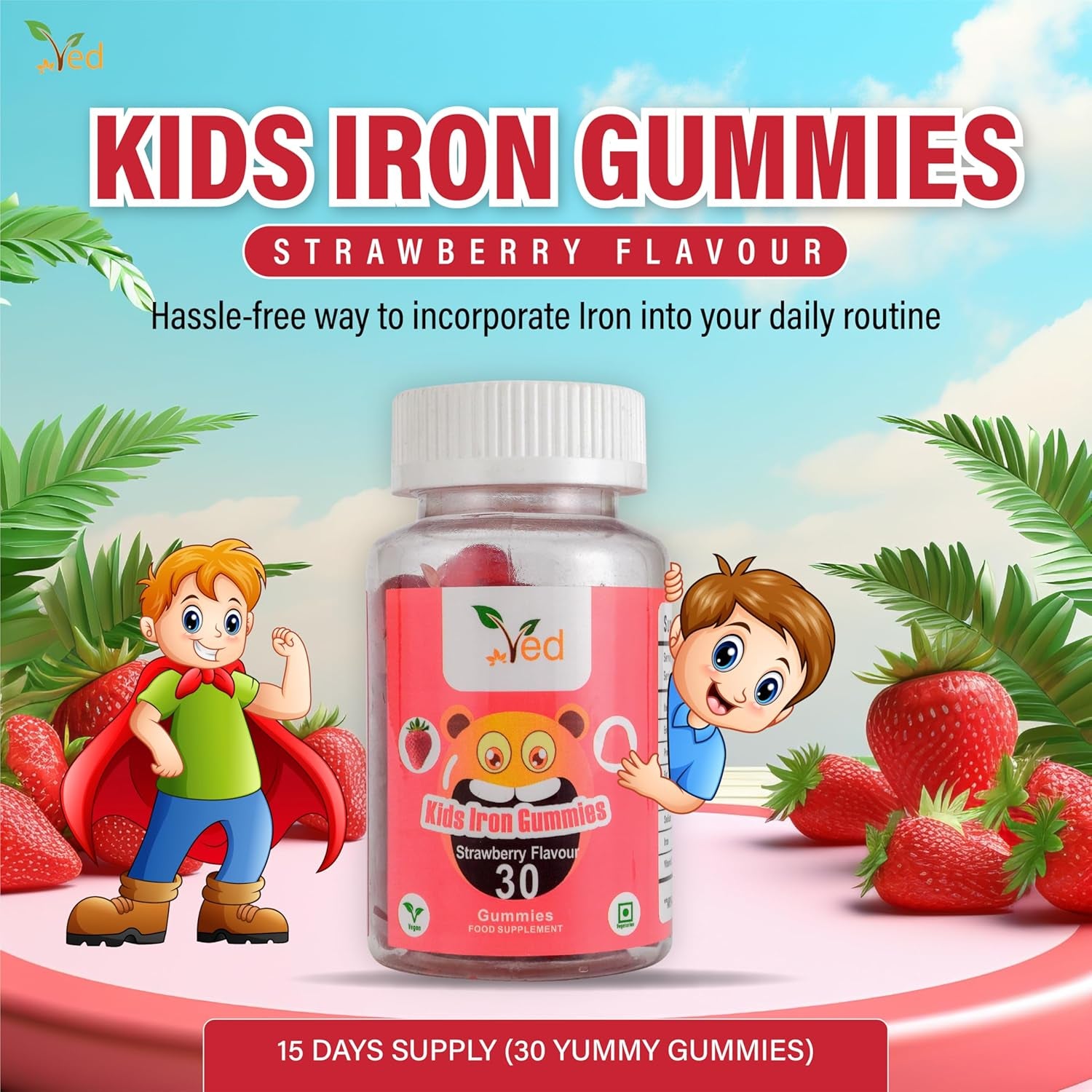 Iron Gummies Kids,15 Day Supply, Natural Strawberry Flavour, 30 Chewable Vegan Gummies, Vegetarian Friendly, Energy & Immune System, Kids Iron Gummies, GMO & Gluten Free.