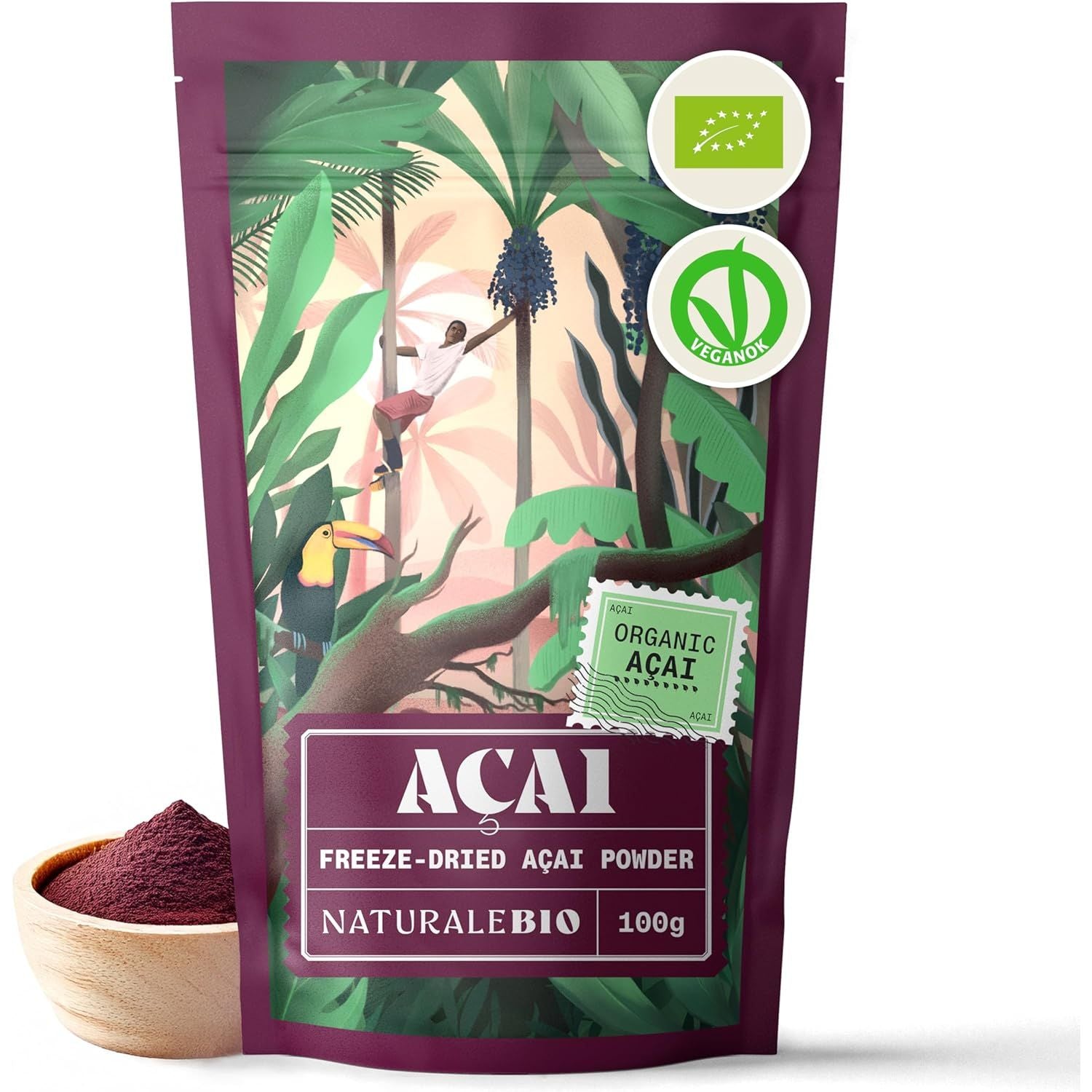 Naturalebio Organic Acai Berries Powder - Freeze-Dried - 100G. Brazilian Acai, Lyophilised, Raw. Extract from Açai Berry Pulp. Vegan & Vegetarian Friendly