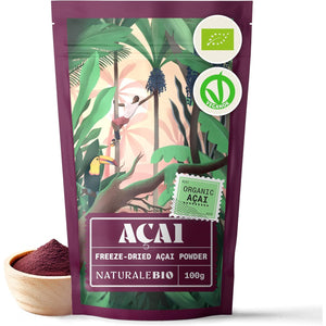 Naturalebio Organic Acai Berries Powder - Freeze-Dried - 100G. Brazilian Acai, Lyophilised, Raw. Extract from Açai Berry Pulp. Vegan & Vegetarian Friendly