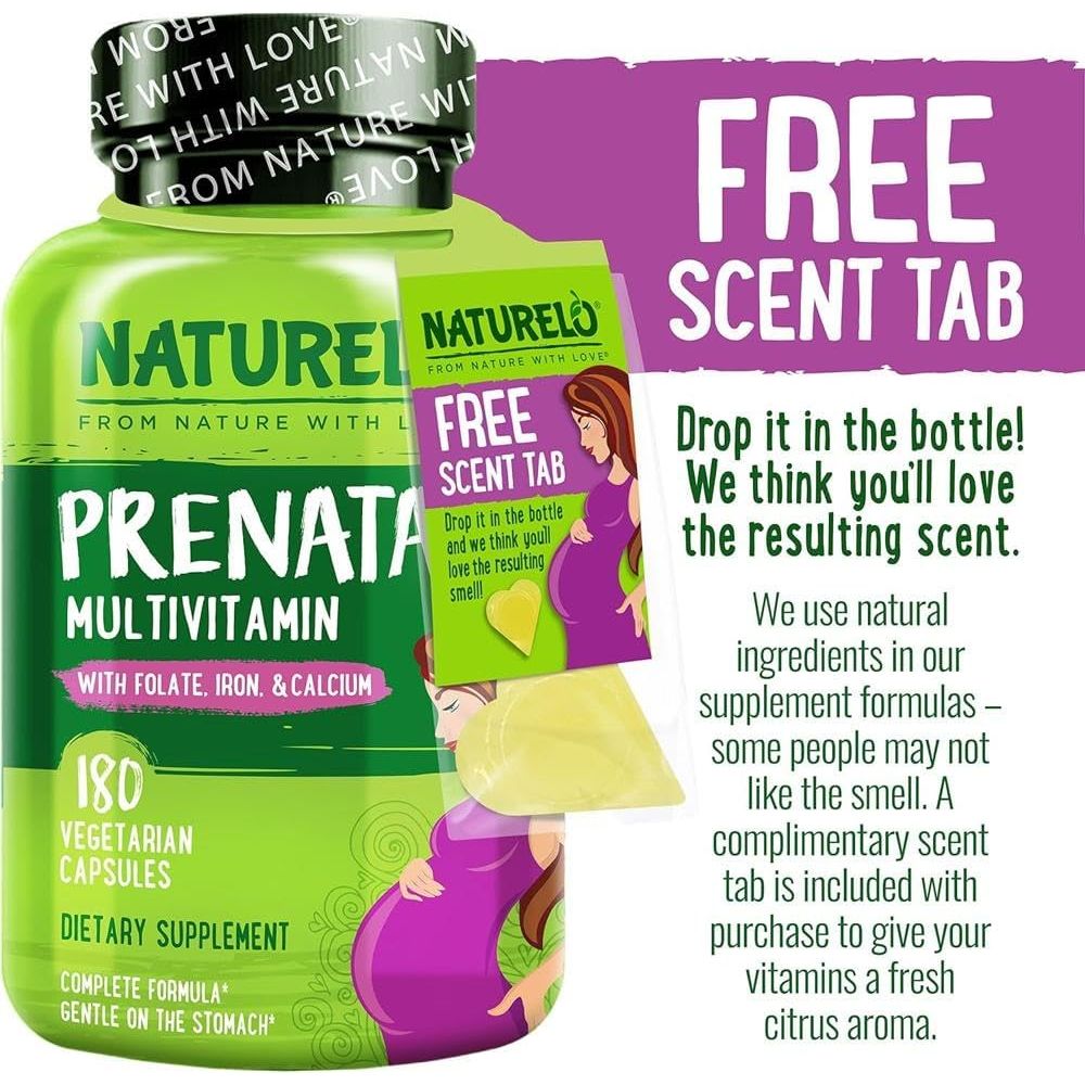 NATURELO Prenatal Multivitamin - Natural Vitamins & Minerals - Active Folate, Iron & Calcium - Essential Nutrients during Pregnancy & Conception - No Gmos - 180 Vegan Capsules | 2 Month Supply