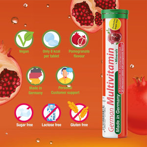 German Multivitamin + Mineralien Drink Effervescent Tablets 60 Servings Pomegranate Flavour – 10 Vitamins + 2 Minerals – Made in Germany