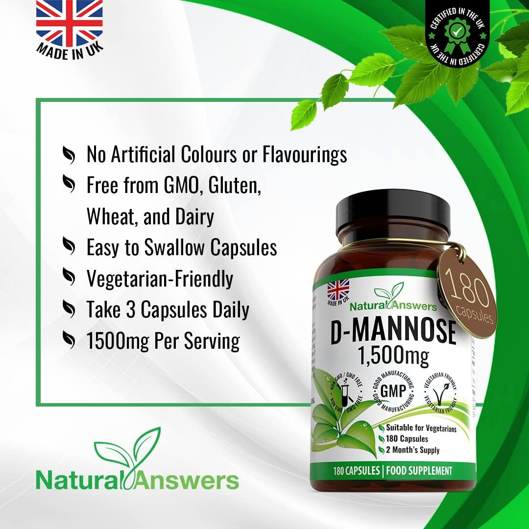 D-Mannose 180 Capsules - Max Strength 1500Mg per Serving - Precision Dmannose - Vegetarian Capsules Not Tablets or Pills, Made in the UK (180 Count (Pack of 1))