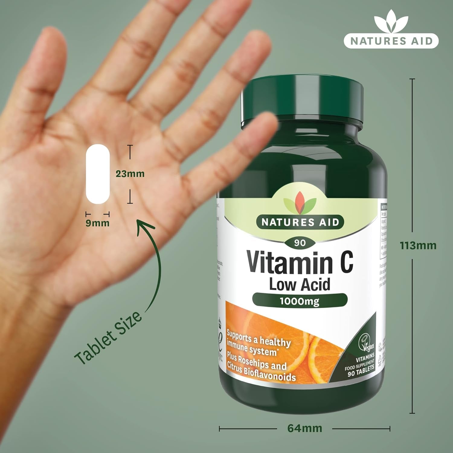 Natures Aid Low Acid Vitamin C 1000Mg – High Strength Immune Support, Antioxidant Protection – Gentle on Stomach – Supports Collagen, Skin, Energy & Iron Absorption – Vegan - 90 Tablets
